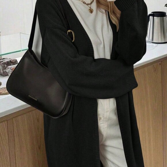 Black casual womens open front knit sweater cardigan - Picture 7 of 9